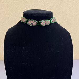 Handmade 90s Vintage Beaded Choker Necklace Green Pink 22 In Womens Boho Jewelry